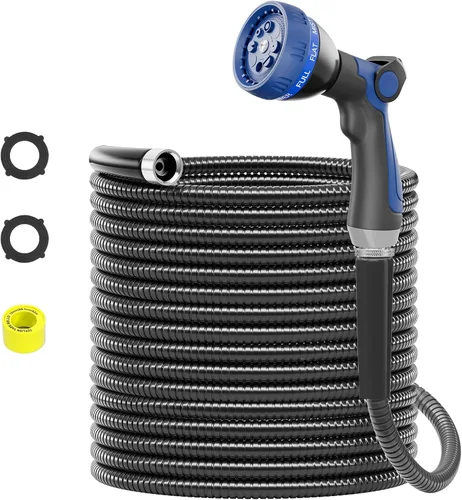 Miniatura 10 de SPECILITE Manguera de jardín de acero inoxidable 304 de 25 pies, tubería de agua resistente con boquillas para patio, exterior, flexible, nunca se