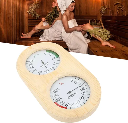 Miniatura 4 de flexman Termómetro higrómetro para sala de sauna, 2 en 1 248.0 °F 100% madera montado en la pared, accesorios para sala de vapor y baño