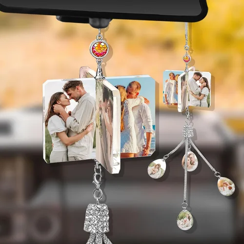 Miniatura 8 de Dijes colgantes de cristal personalizados para automóvil con fotos y textos personalizados Adorno colgante de espejo retrovisor Colgante de foto
