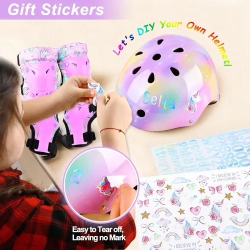 Miniatura 3 de Casco para niños, casco de bicicleta para niños pequeños con pegatinas DIY Unicornio, rodilleras y coderas ajustables, juego de protección para Rosa
