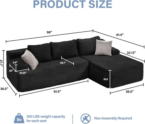 Miniatura 2 de Seccional modular: asiento de nube en forma de L con espuma viscoelástica, muebles de sala de estar convertibles de 3 asientos, diván de gran Negro