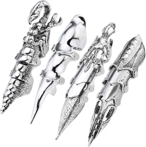 Miniatura 4 de Jovivi - Anillo de fantasía para hombre, diseño de nudillos de armadura plateada, doble lazo, punk, rock, gótico, genial, 1-4 piezas