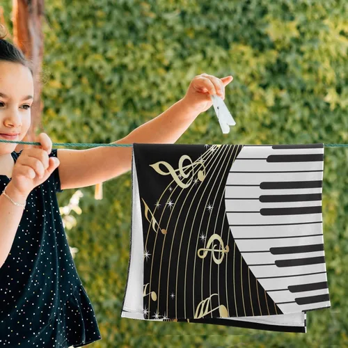 Miniatura 4 de Juego de 2 toallas de mano con notas musicales doradas para baño, piano blanco y negro, toallas de cocina decorativas absorbentes de microfibra