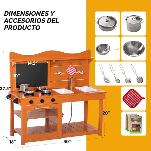 Miniatura 6 de BRINJOY Juego de cocina para niños, juego de cocina de barro de madera al aire libre con 2 fregaderos extraíbles y tubo rociador, cocina de juego