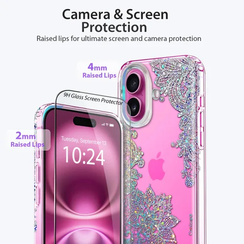 Miniatura 4 de Funda para iPhone 16, con protector de pantalla, linda para mujeres y niñas, funda protectora de grado militar de 10 pies para iPhone 16, funda