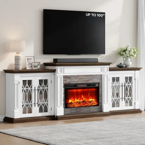 Miniatura 11 de LGHM - Soporte de TV con chimenea de 72 pulgadas para televisores de hasta 80 pulgadas, chimenea eléctrica con repisa, centro de entretenimiento