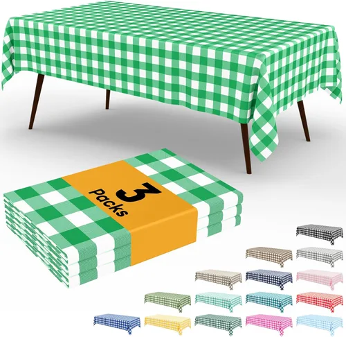 Miniatura 48 de Smiry Paquete de 3 Manteles Desechables de Cuadros Gingham Color Caqui - 54" x 72" Mantel de Plástico de Servicio Pesado, Cubiertas de Mesa