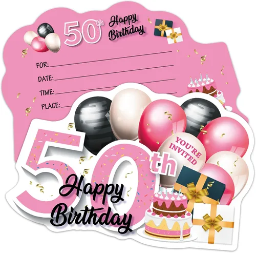 ERHACHAIJIA 20 globos dorados rosados y negros y tarjetas de invitaciones en forma de pastel con sobres, divertidas fiestas de cumpleaños 50 para