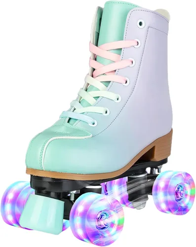 Gets Patines altos para mujer, piel sintética, cuatro ruedas, doble fila, brillante, para interiores y exteriores Destello verde púrpura