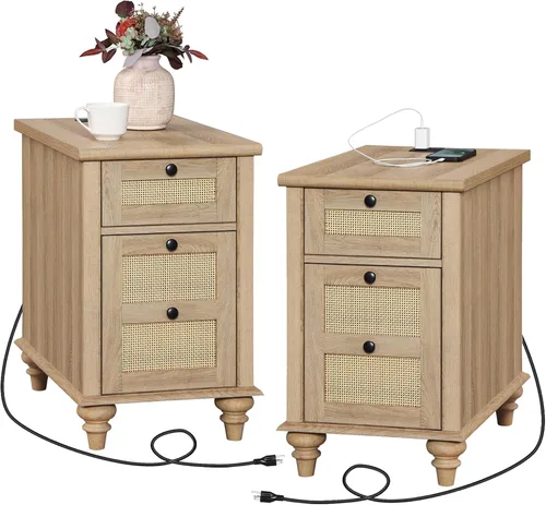 Miniatura 17 de WAMPAT Mesa auxiliar con estación de carga, mesa auxiliar de madera con cajón y armario de almacenamiento, mesa auxiliar moderna con tomas de Roble