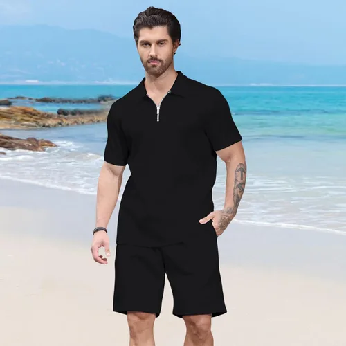 Miniatura 2 de Aulemen Conjunto deportivo de 2 piezas con cremallera para hombre, manga corta, camiseta polo y pantalones cortos, conjuntos de verano para hombre