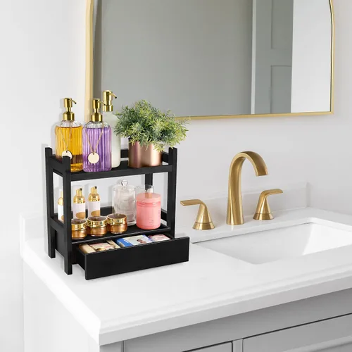 Miniatura 5 de Sorbus Organizador de encimera de baño de bambú, estante de 2 niveles con cajón oculto para tocador, estación matcha, organizador de fregadero