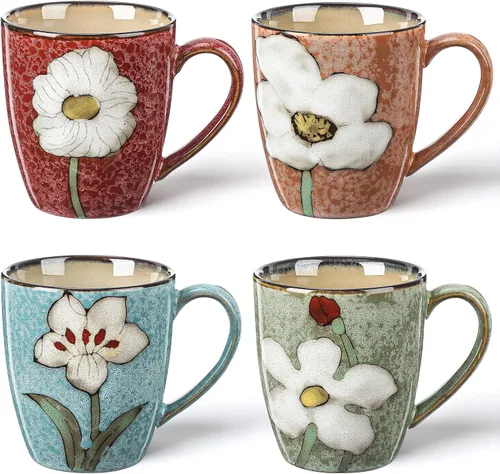 Miniatura 12 de Maxdot Juego de tazas de café de cerámica de 12 onzas, proceso de acristalamiento, taza de capuchino, tazas de té de cerámica floral, regalo
