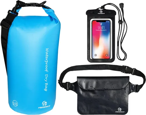 Freegrace - Juego de 3 bolsas impermeables: bolsa con 2 cierres de cremallera y correa de hombro desmontable, riñonera y funda para teléfono; Azul