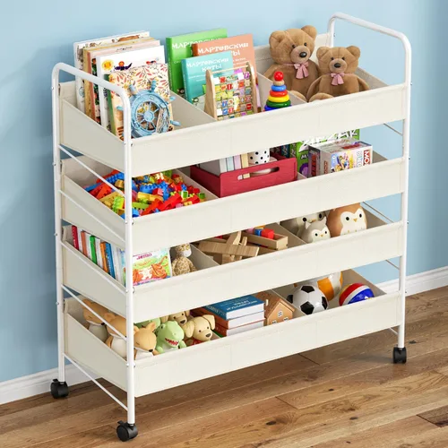 Organizador de almacenamiento de juguetes para niños con 4 estantes y ruedas, estante de almacenamiento de juguetes de gran tamaño blanco para niños