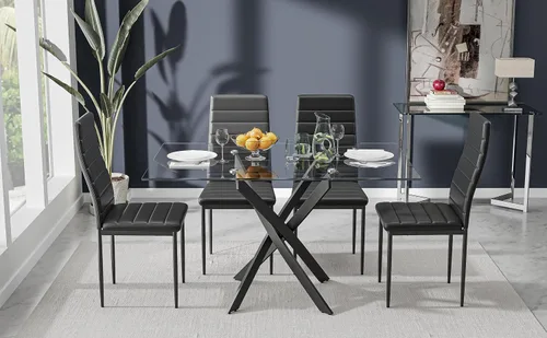 Miniatura 7 de Mesa de comedor de vidrio templado con patas de metal negro, mesa de cocina rectangular moderna de 47 pulgadas para cocina, comedor, oficina en casa