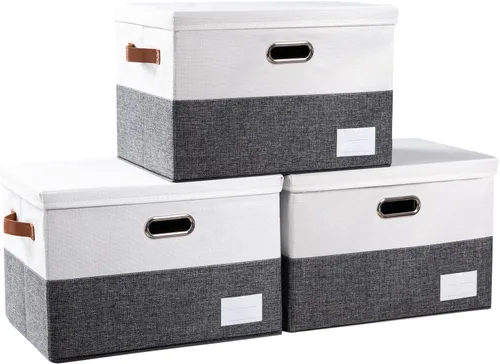 Miniatura 32 de PRANDOM Contenedor de almacenamiento plegable con tapa [1 unidad] Caja de almacenamiento decorativa de tela de lino, cesta organizadora con asas