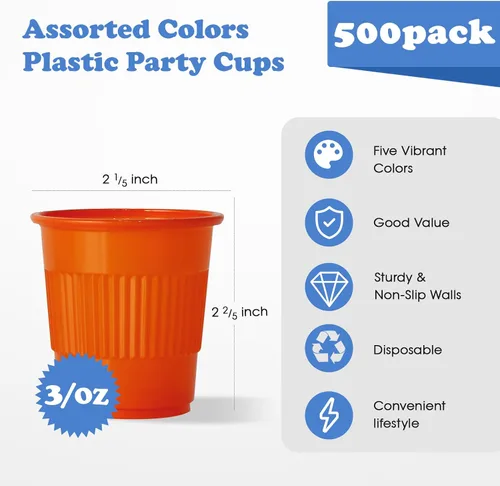 Miniatura 4 de Lilymicky Paquete de 500 Vasos de Plástico de 3 oz para Fiestas, Vasos de Baño Desechables en Colores Variados que se Pueden Usar para Degustar