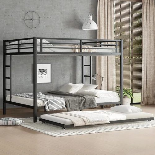 Miniatura 15 de Litera de metal resistente de tamaño individual sobre matrimonial, con escalera integrada y barandilla de seguridad para niños, adolescentes
