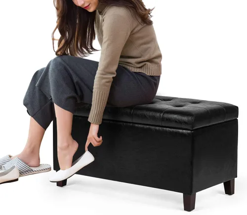 Miniatura 5 de Adeco Otomana de almacenamiento, banco tapizado rectangular de piel sintética con patas de madera, reposapiés, mesa de café para sala de estar, Negro