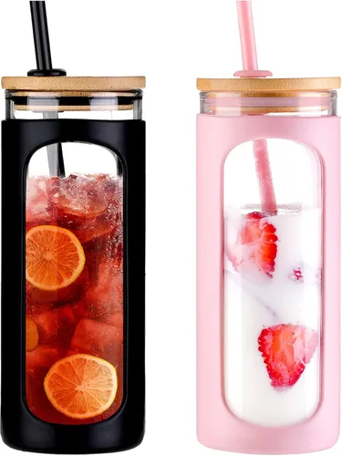 Miniatura 39 de Kodrine Vaso para agua de vidrio de 20 onzas con popote y tapa, botella de agua con tapas de bambú, taza para café helado, reutilizable, boca ancha