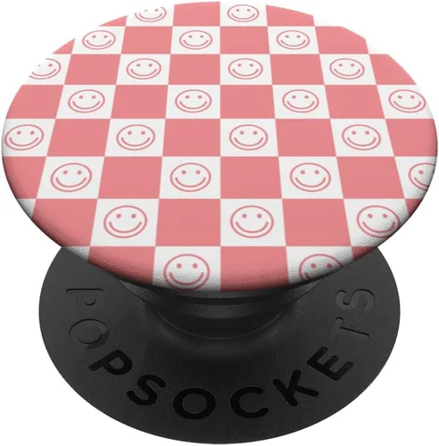 Diseño de patrón de sonrisas de tablero de ajedrez rosa en PopSockets blancos PopGrip intercambiables