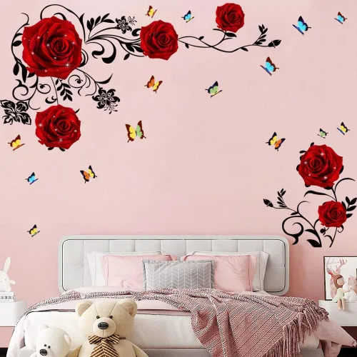 Miniatura 8 de Supzone Calcomanías de pared de rosas rojas, arte mural de vinilo para dormitorio, sala de estar, telón de fondo de sofá y decoración de pared de TV