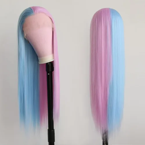 Miniatura 4 de Mezcla de encaje frontal sintético peluca mitad negro mitad blanco #1001 para mujeres sin pegamento largo recto pelucas de pelo sintético parte