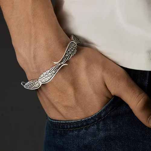 Miniatura 5 de RIOSO Juego de 3 pulseras de plata para hombres y mujeres, con diseño de alas de ángel, plumas, hojas de ángel, juego de pulseras, Sin gemas.