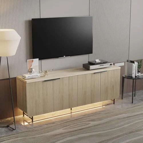 Miniatura 8 de Soporte de TV acanalado de mediados de siglo para TV de 55 a 75 pulgadas, centro de entretenimiento negro con almacenamiento, soporte de televisión