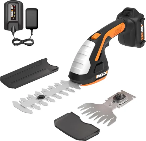 WORX WG801 Cortasetos Inalámbrico 2 en 1 de 20V, Cizalla de Césped de 4" y Recortadora de Arbustos de 8" con 2 Cuchillas, Batería y Cargador