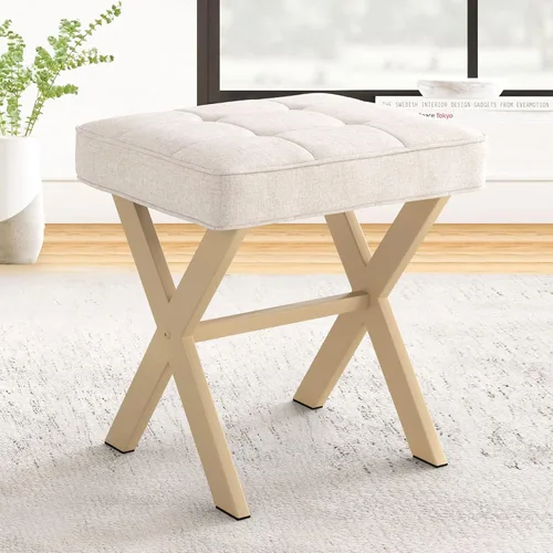 Miniatura 11 de LUE BONA Taburete de tocador blanco, asiento cuadrado de piel sintética con patas en X de metal, pequeña silla otomana para sala de maquillaje, sala