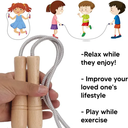 Miniatura 4 de Cuerda de saltar para niños, cuerda de saltar ajustable de algodón de 8.5 pies con mango de madera para niños y niñas, ejercicio al aire libre