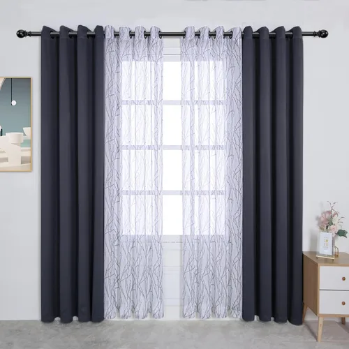 Miniatura 14 de BONZER Cortinas para Mezclar y Combinar - 2 Piezas de Cortinas Transparentes con Estampado de Ramas y 2 Piezas de Cortinas Opacas para Dormitorio