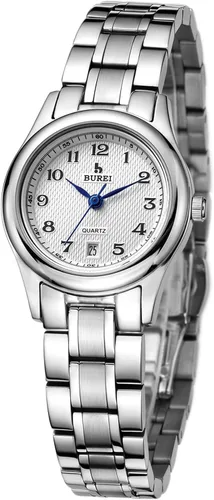 Miniatura 3 de BUREI Reloj de pulsera analógico de cuarzo para mujer con esfera plateada (negro) correa de reloj de acero inoxidable para mujer