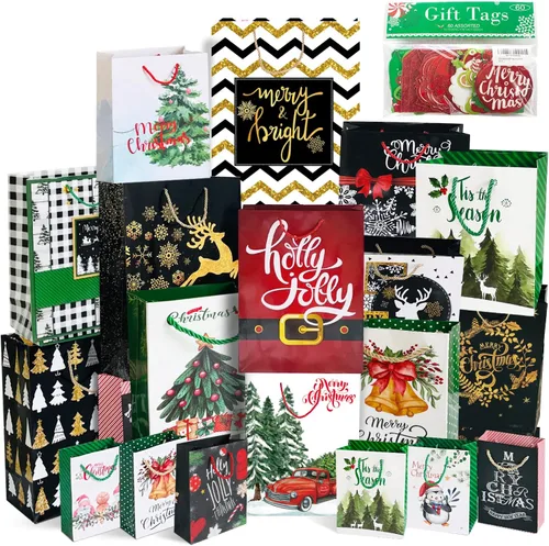 Party Funny 24 bolsas de papel de regalo de Navidad al por mayor con asas y 60 etiquetas de regalo de Navidad, juego de varios tamaños para envolver