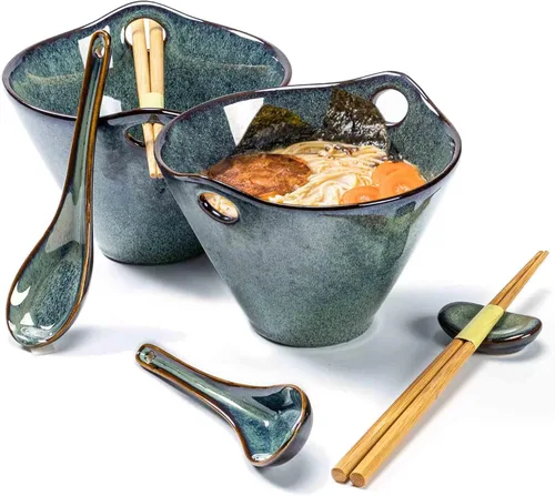 Miniatura 8 de Henten Home Juego de 2 cuencos de ramen de 20 onzas, cuencos de cerámica japoneses para fideos, cuencos profundos de porcelana con palillos