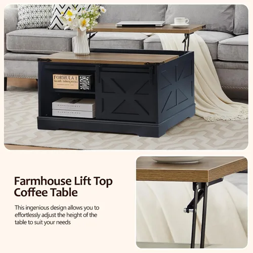 Miniatura 4 de Mesa auxiliar con tapa elevable, mesa de centro cuadrada de madera con puerta corrediza de granero y estante ajustable, mesa central rústica