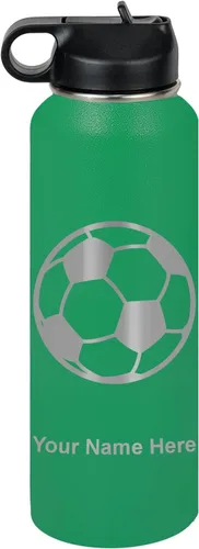 Miniatura 62 de LaserGram Botella de agua personalizada, pelota de fútbol, acero inoxidable de doble pared aislada al vacío con popote superior, regalo grabado
