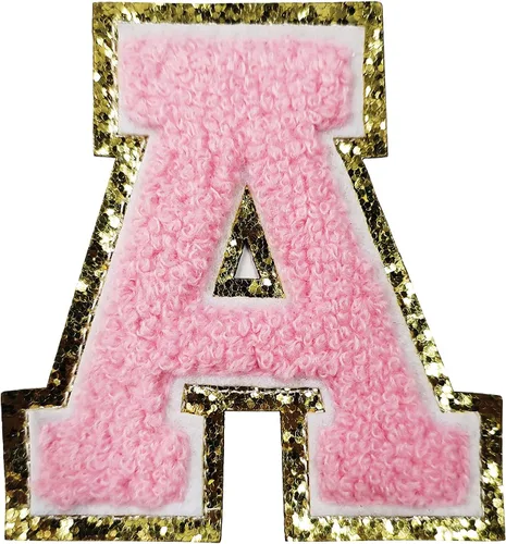 Parches de letras para planchar con purpurina dorada y felpilla rosa, 3 piezas de parches de iniciales universitarias, parche con adhesivo para