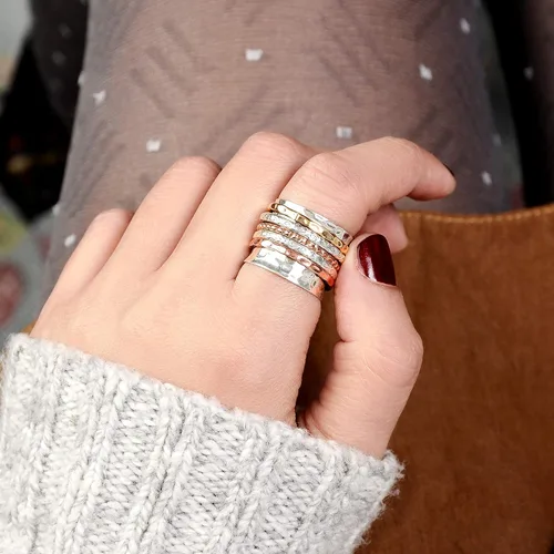 Miniatura 4 de Boho-Magic Anillo giratorio para mujer, plata de ley 925 con bandas de cobre y latón anchas, Metal