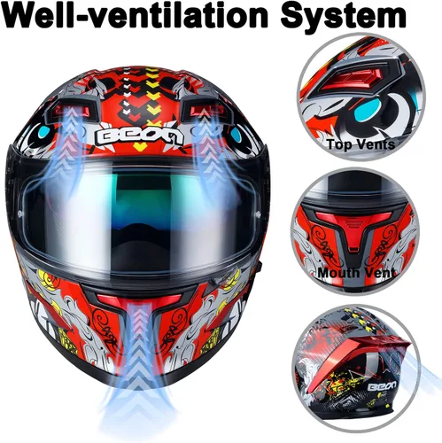 Miniatura 3 de BEON Full Face Motorcycle Helmet, Street Bike Helmet with Clear&Tinted Visors and Multiple Vents, Motocross Casco DOT Approved for Adult Men Women