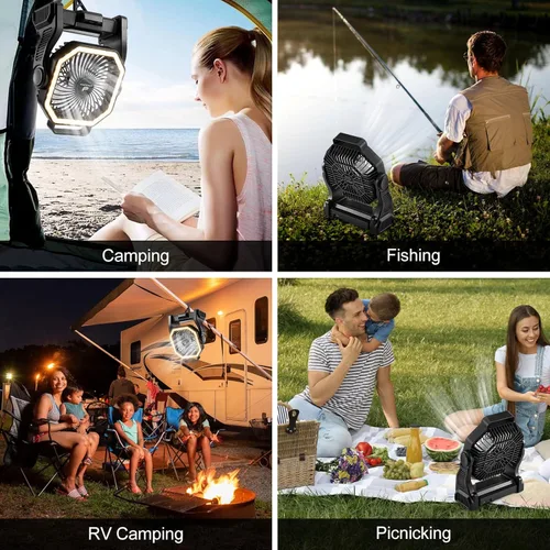 Miniatura 7 de Odoland Ventilador de campamento recargable, ventiladores de batería de 20000 mAh con linterna LED para tienda de campaña, auto, tormenta de playa