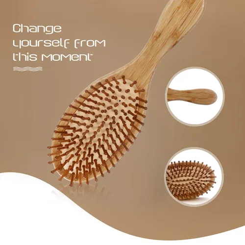 Miniatura 4 de JewelryWe Cepillo de masaje de bambú natural antiestático ovalado con mango largo para el cabello, cojín de aire, cuidado del cabello, cepillo