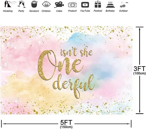Miniatura 3 de Fondo bohemio de 5 x 3 pies para fiesta de primer cumpleaños, diseño de lunares dorados, decoración de cumpleaños con texto en inglés "Isn't She