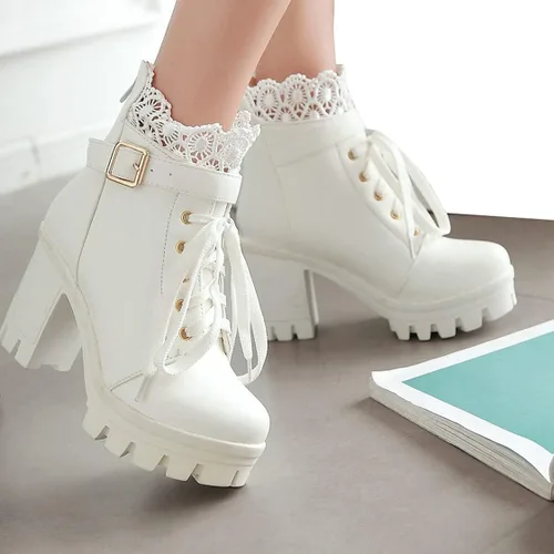 Miniatura 4 de BEAUPAS Botas de tacón alto con plataforma gruesa para mujer, botines góticos con cordones, tacón de bloque y hebilla, Blanco