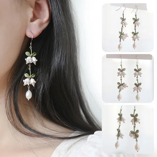 Miniatura 6 de Juego de aretes colgantes hechos a mano, pulseras para mujer, aretes de onda torcida en tono plateado, aretes vintage de perlas cultivadas de lirio