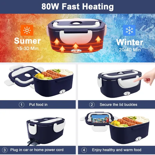 Miniatura 7 de Fiambreras eléctricas con calefacción para adultos: Fiambrera eléctrica de 80W para calentar alimentos 12/24/110V 1.5L Fiambrera calentable