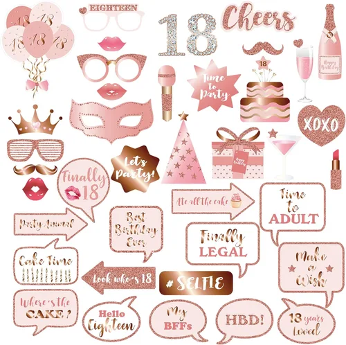 Accesorios y letreros para cabina de fotos de fiesta de cumpleaños número 18, color oro rosa, kit de accesorios para selfies con palos para niñas y