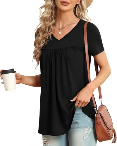 Miniatura 2 de LAOLASI Blusa de verano para mujer, cuello en V, manga corta, casual, holgada